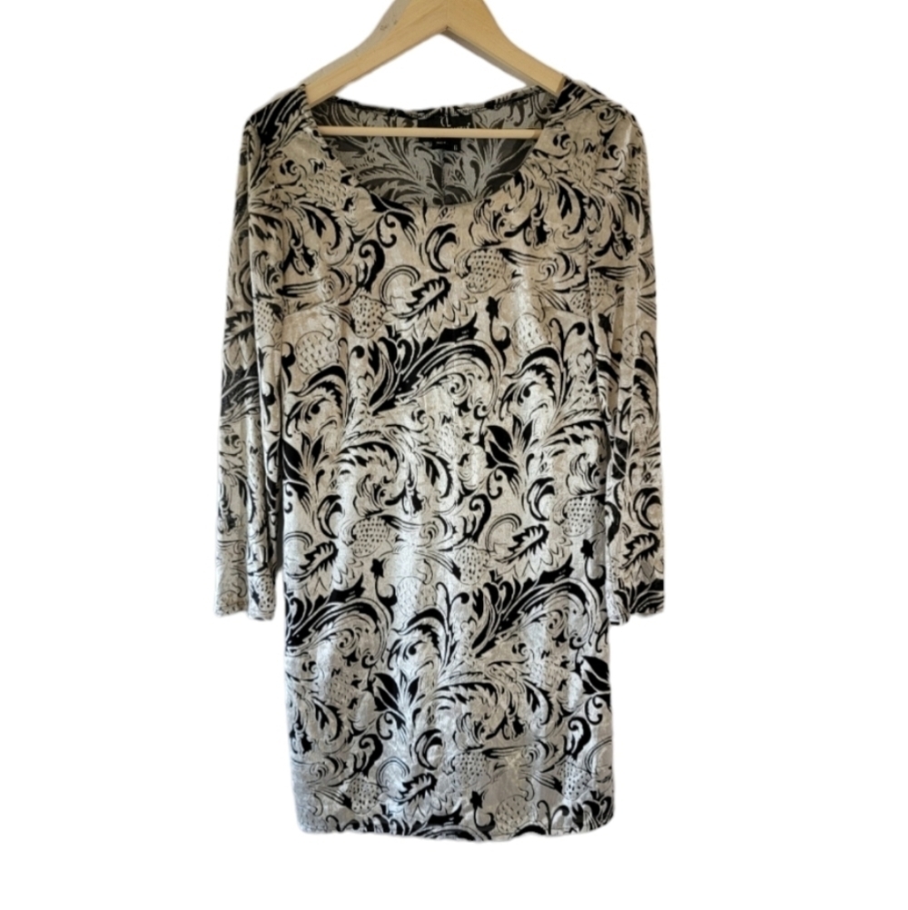 VTG CAROLE LITTLE Black White Paisley Crush Velvet Dress 6 Scoopneck 3/4 Sleeve